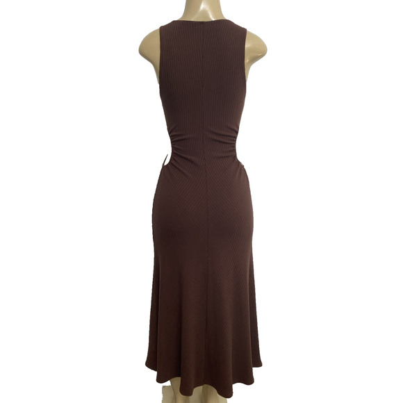 Reformation Brynlee Dress Brown V Neck Sleeveless Ribbed Knit Cut Out Waist S - Picture 6 of 10